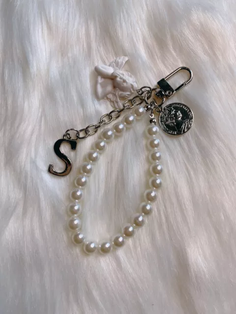 Christmas White Angel Bag Charm Keychain Faux Pearl Letter S Silver Handmade