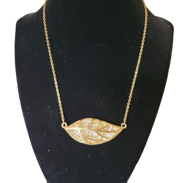 Vintage Victorian Art Nouveau Necklace Gold Tone Rhinestone Leaf Pendant