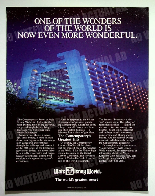 Walt Disney World Contemporary Resort 1988 Trade Print Magazine AD Poster ADVERT