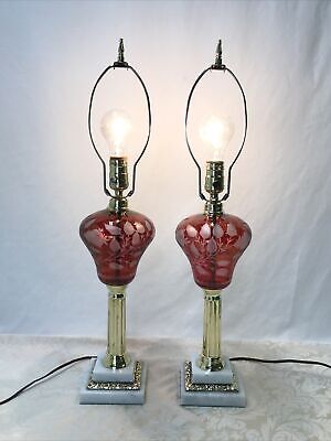 Antique Vtg 1800s Cranberry Ruby Red Cut Etch Glass Table Lamp Pair Marble Base