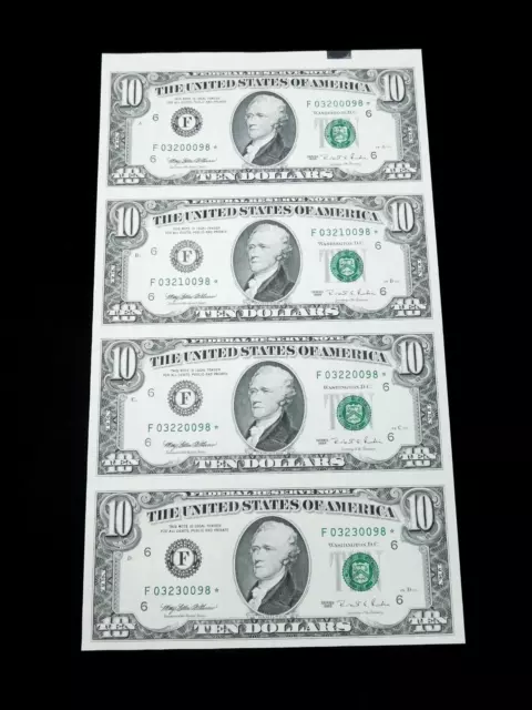 1995 $10 Federal Reserve Uncut Sheet of 4 STAR Notes - Serial # 03210098