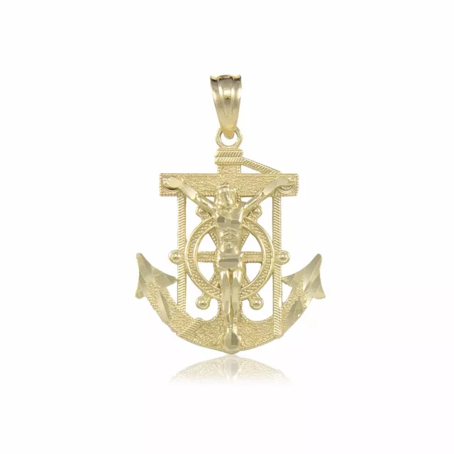 14K Solid Yellow Gold Jesus Crucifix Anchor Pendant Mariner Cross Necklace Charm