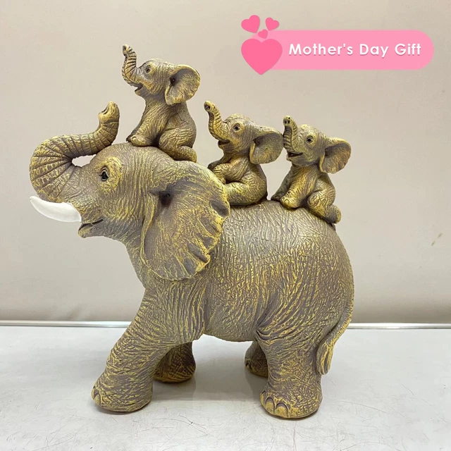 ELEPHANT DECOR WITH Cute 3 Calves Piggyback Elephant Statue Creative