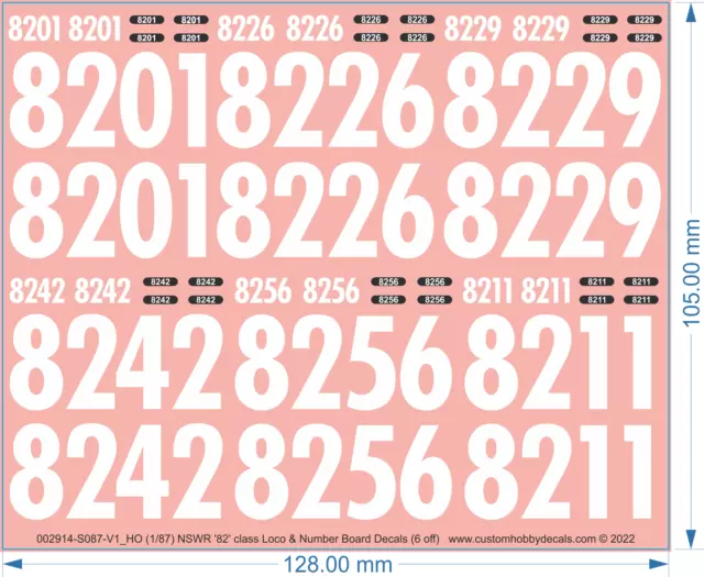 NSWR '82' class Loco & Number Board Decals (6 off) - HO (1/87) N (1/160) - WD