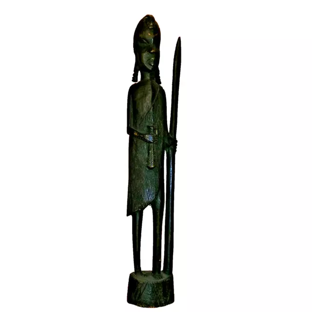 Hand Carved Wood African Tribal warrior Hunter with Spear Statue 16" Tall