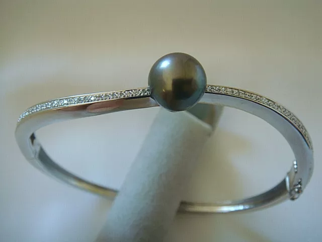 Bracelet argent rhodié avec zirconium et perle de Tahiti ronde 10,48 mm