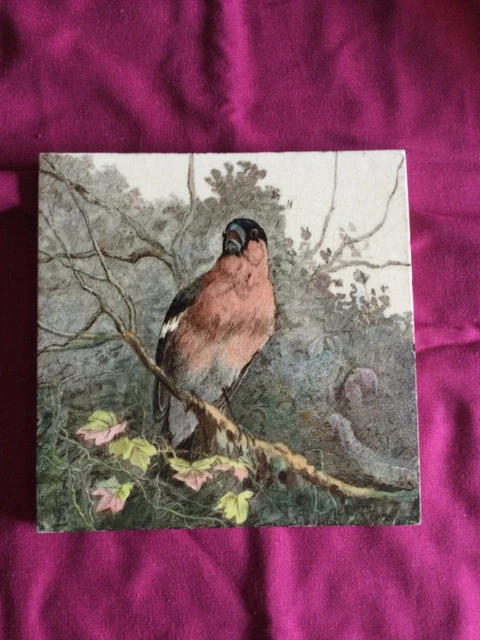 ANTIQUE MINTON PRINTED AND PAINTED TILE WITH BULLFINCH c.1890 L.T.SWETNAM