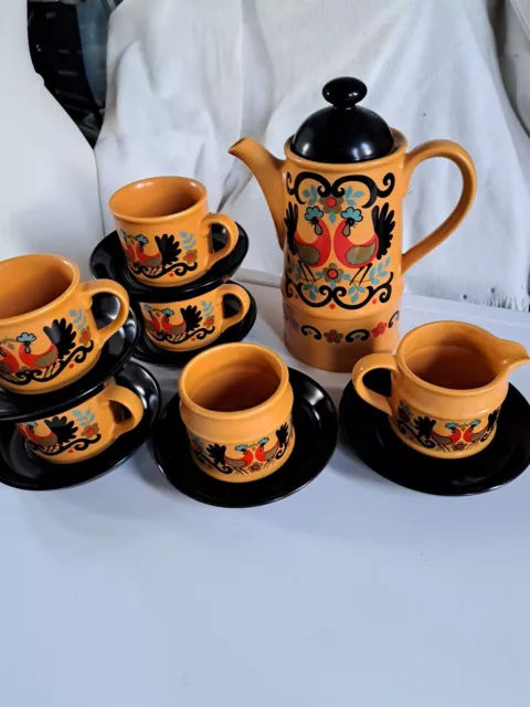 Vintage Sadler Rooster Set Coffee Pot, 4 Mugs & Saucers, Milk Jug Sugar Bowl