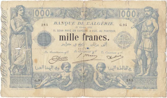 RARE ! Billet 1000 F ALGÉRIE du 21 Février 1924 P.076b