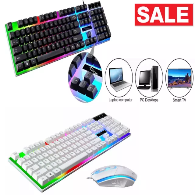 Gaming Keyboard Mouse Set USB Rainbow RGB LED Wired For PC Laptop PS5 Xbox One