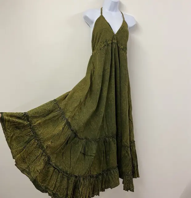 Olive Green Cotton Dress Maxi Long Summer One Size Vintage Boho Handmade Indian