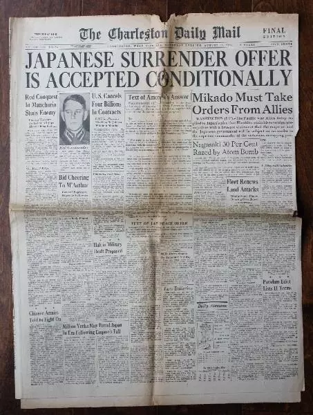 August 11 1945 Charleston West Virginia WWII Japan Surrenders FINAL newspaper --