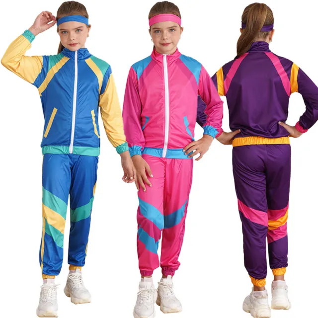 Girls 80s Hip Hop Costume Sports Suit Retro Tracksuit Windbreaker 3 Pieces Disco