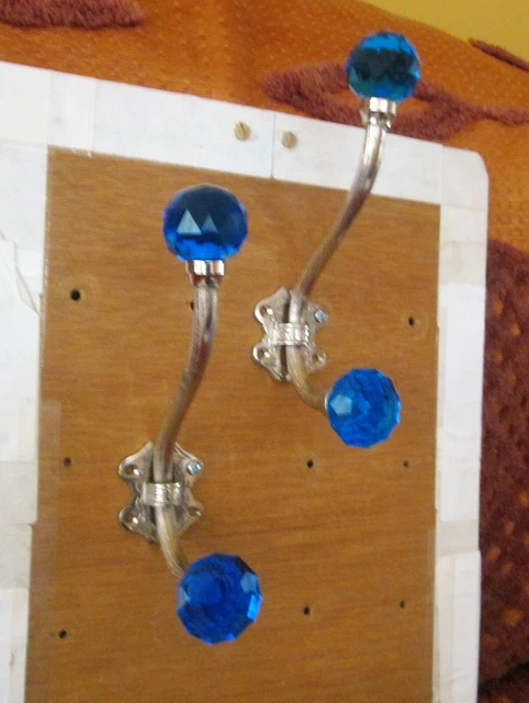 Set of 2  Victorian style Chrome (satin finish) Hook with  Blue glass tips 6.5"