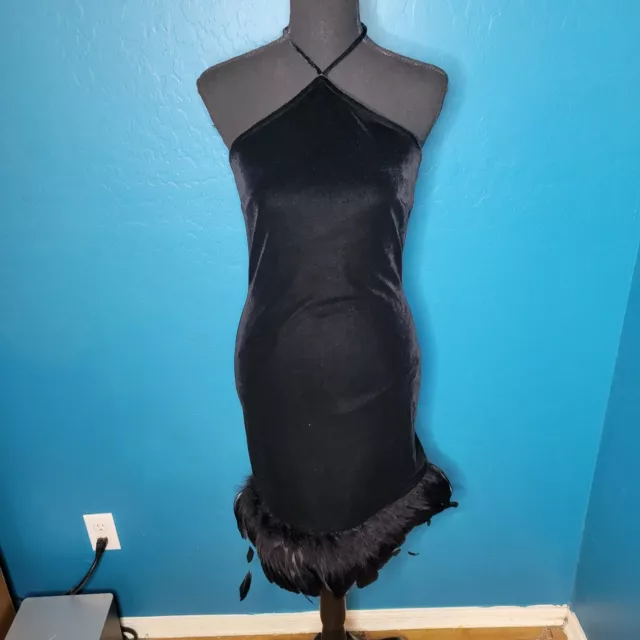 Christina Perrin VTG 4 Black Velvet Halter Dress With Genuine Ostrich Feathers