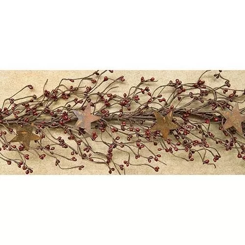 NEW Primitive Pip Berry Garland w/ Rusty 2" Stars BURGUNDY BERRIES 40" Crafts