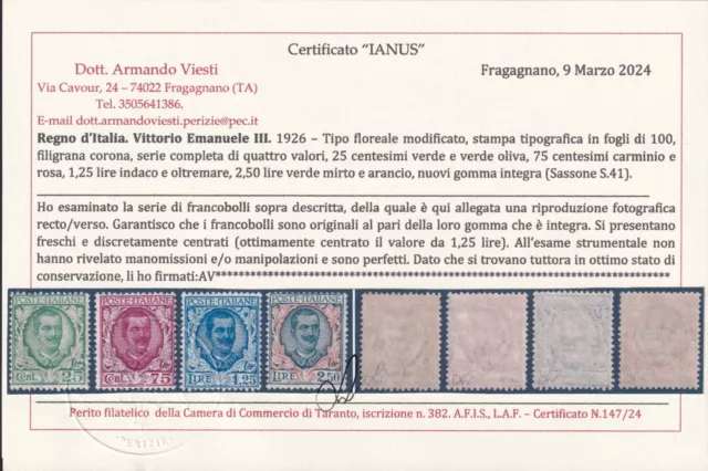 Regno D'italia  1926 - Serie Floreale Modificata Completa  04 Valori Nuovi Mnh C 2