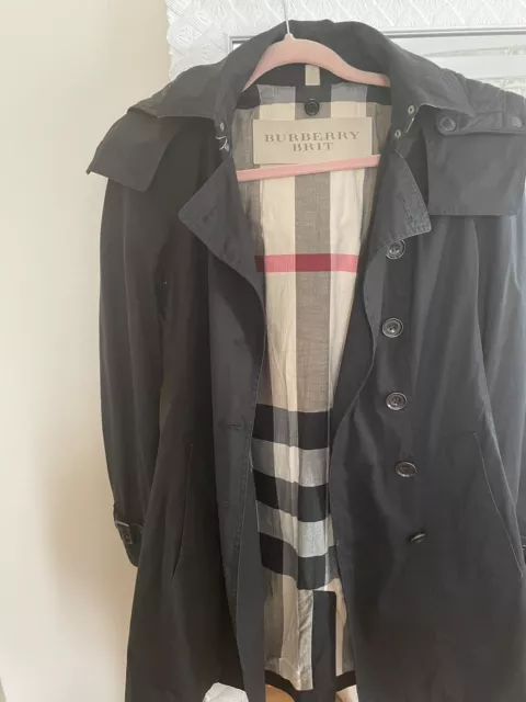 Burberry Brit Trench Coat Size US 6 UK 8 Black Cotton Button Up Hooded