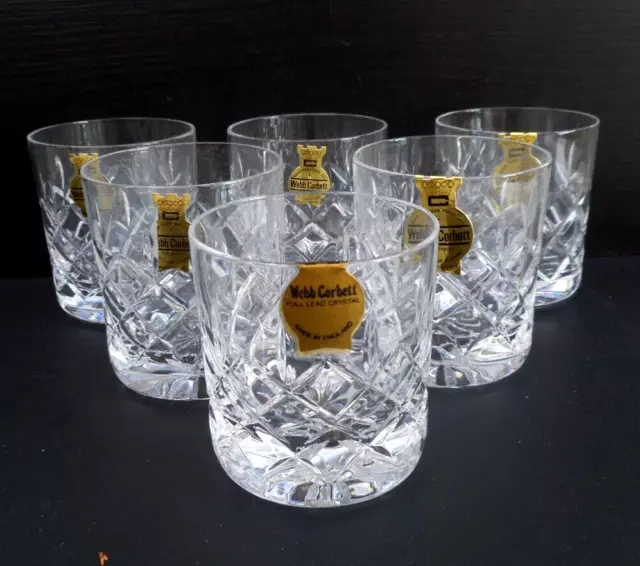 6 Webb Corbett Rolleston lead crystal small whisky tumblers - 7.5 cm tall -boxed