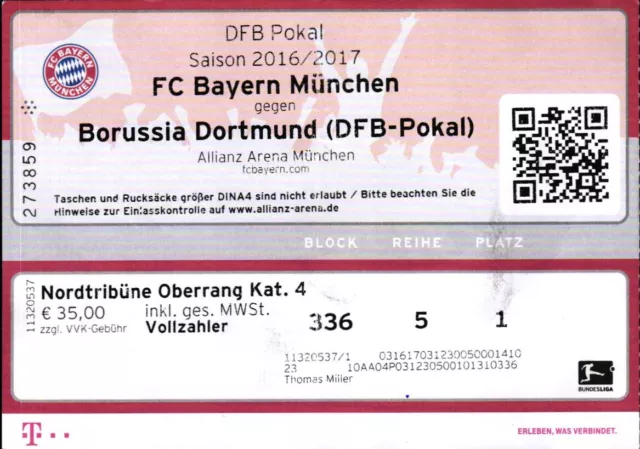 Biglietto Dfb-Coppa 2016/17 FC Bayern München - Borussia Dortmund, 26.04.2017