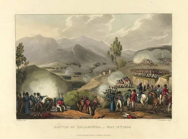 Battle of Salamonda Military history 1809 Original aquatint print Jenkins