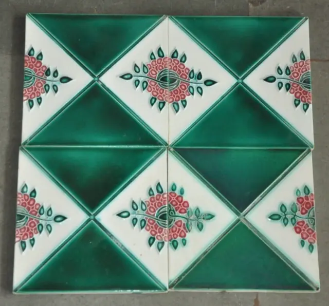 4 Pc Vintage Liberty Mark Flower & Diamond Embossed Ceramic Tiles , Japan