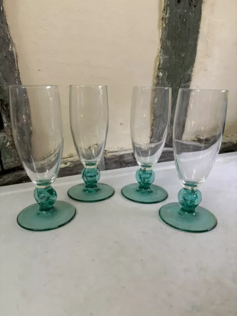 4x Vintage French Champagne Flutes Turquoise Teal Blue Set