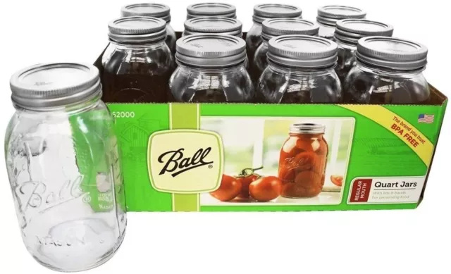 Ball Regular Mouth Canning Jar 12/Pkg Quart,  Pack of 12 Mason Jars  32oz