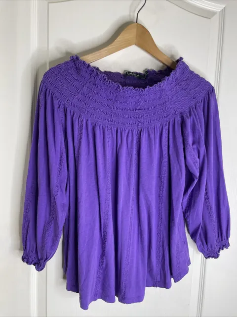 Lauren Ralph Lauren Woman’s Purple Off Shoulder Cotton Stretch Embroidered Top L