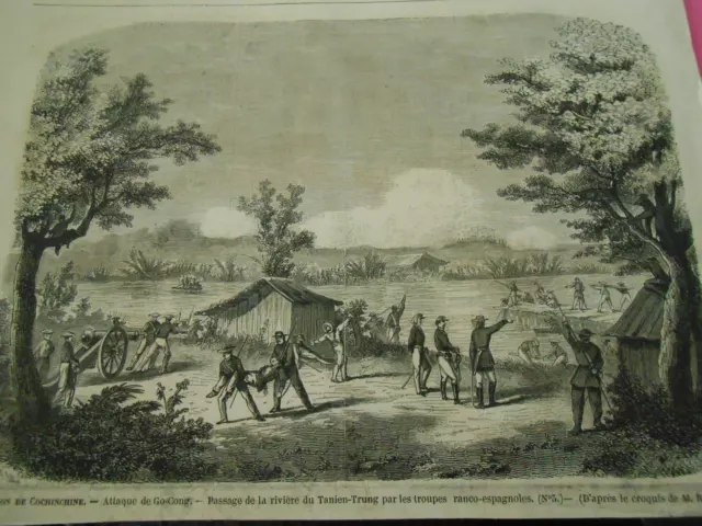 Gravure 1863 - Cochinchine attaque de Go Cong passage de la rivière Tanien Trung