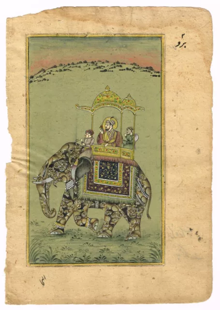 Hand Miniature Old Painting Of Mughal Emperor On Composite Elephant 5x7.5 Inches