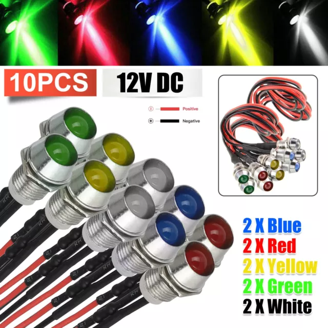 10PCS Car Boat LED Indicator Light 12V 8mm Pilot Dash Panel Warning Single Lamps