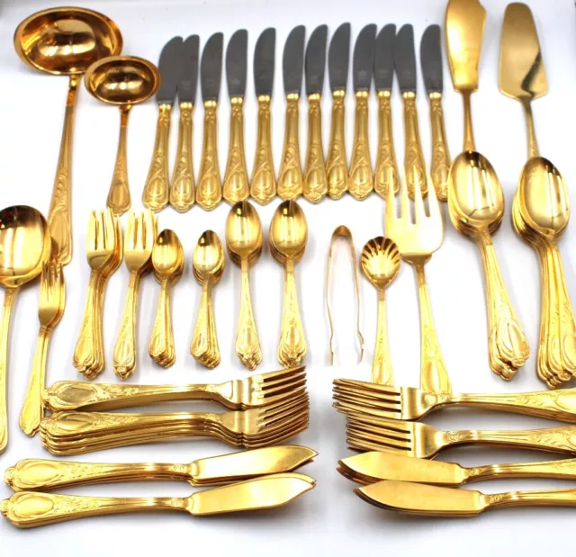 107Pcs Vtg SBS ROSTFREI EDELSTAHL Gold-Plated 12 Person CUTLERY SET -  H74