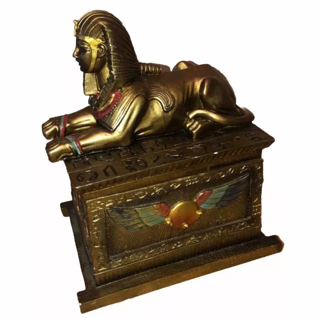 Vintage Ancient Egyptian Sphinx Sarcophagus Gold 9” Box / Figurine Nice