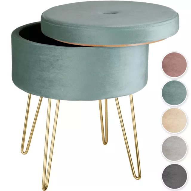 Tabouret Rond avec Coffre de Rangement Pouf Aspect Velours Pieds en Acier Dorés