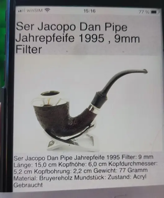 Pfeife pipa pipe SER JACOPO Jahrespfeife 1995 , Fatta a Mano  Dan Pipe , 9mm