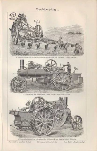Lithografie 1906: Maschinenpflug. Maschine Pflug Landwirtschaft