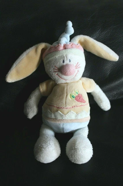 Doudou lapin blanc jaune et bleu KIABI brode carotte 19 cm grelot