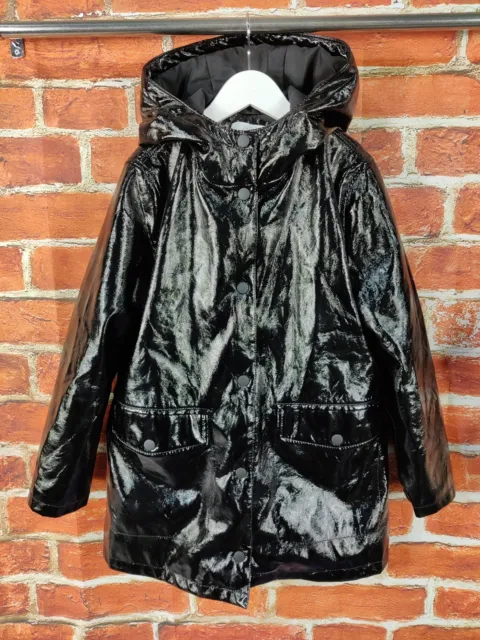Girls Zara Age 9 Years Black Gloss Padded Rain Coat Jacket Hood Lined Kids 134Cm