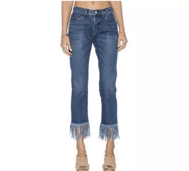 3x1 NYC Revolve SZ 26 Stella Cropped Jeans Straight Fringe Frayed Hem Button-Fly