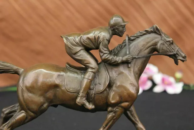 Horse Racing Fan Thoroughbred Horse Jockey Racetrack Bronze Statue Sculpture Art