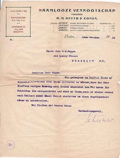 Beuth & Sons Dutch Fabrics Antique Leiden German Advertising Letter 1919