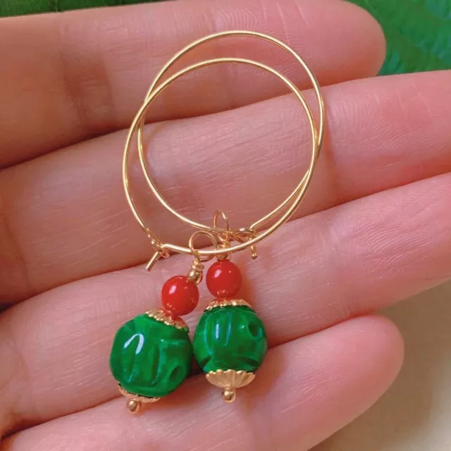 Natural Pumpkin shape Jadeite South red beads gold Earring Wedding Chandelier