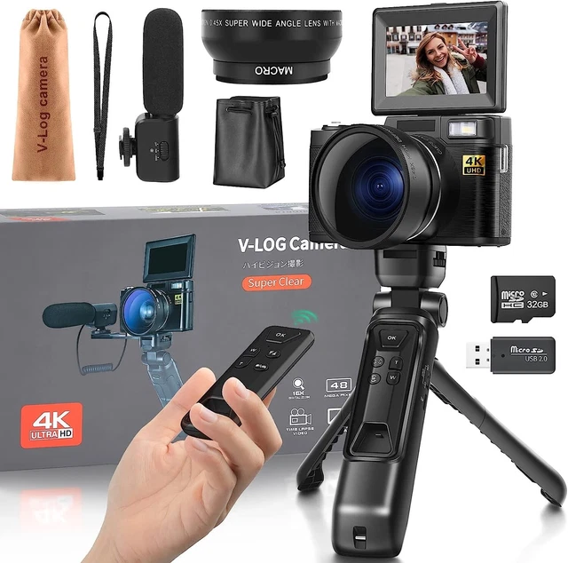 Digital Camera 4k 48MP 3.0" Flip Screen Remote Control Tripod Grip For Youtube