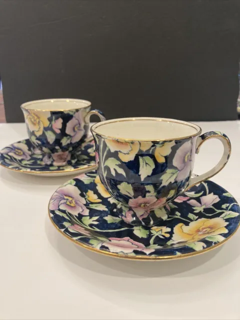 Stunning Pair Royal Winton Grimwades “May Festival” Navy Floral Tea Cup & Saucer