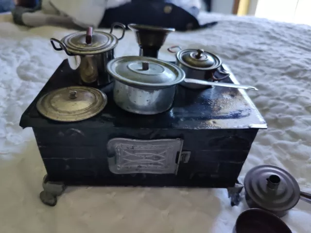 Dollhouse Tin Toy Cook Stove Set w/ Pots & Pans Childs Play Germany?