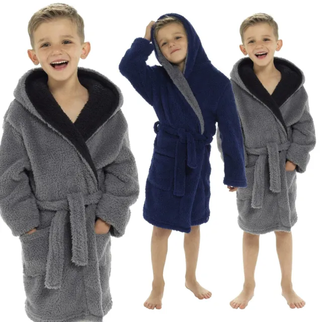 Boys Kids Shaggy Snuggle Fleece Hooded Dressing Gown Winter Warm 5 - 13 Years