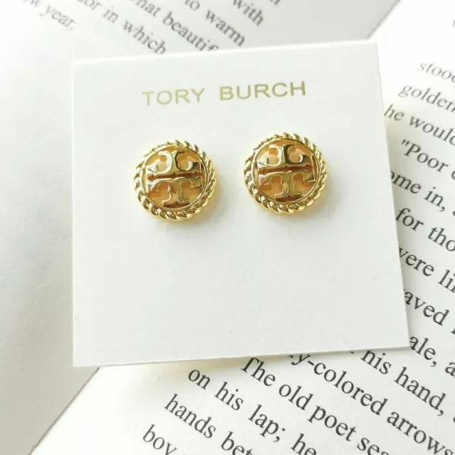 NEW TORY BURCH Britten Logo Gold Stud Earrings AUTHENTIC