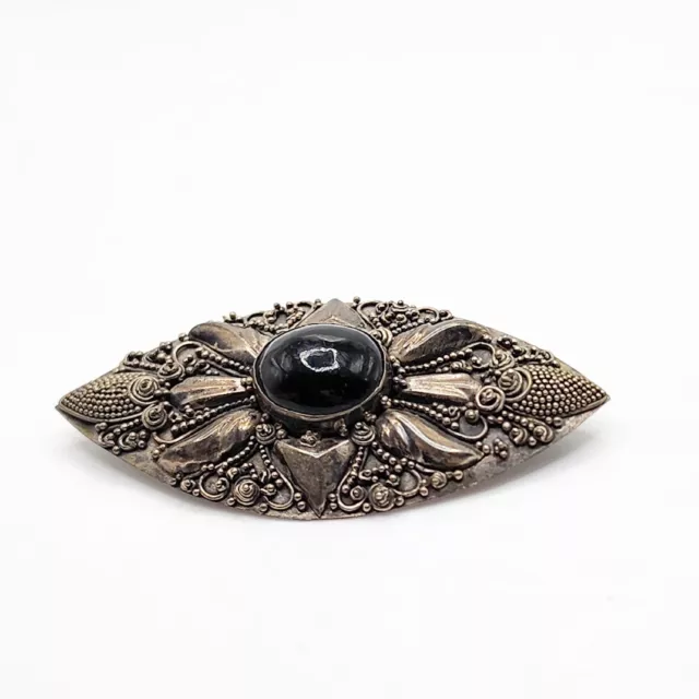 Vintage Nouveau 925 Sterling Silver Etruscan Black Onyx Pin Brooch Filigree