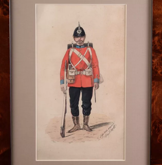 Dessin Aquarelle "Infanterie Anglaise" signée Eugène Evrard XIXe siècle 2